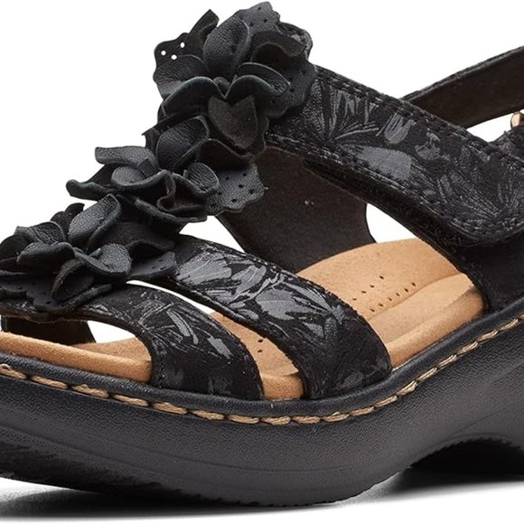 NWT Clarks Collection Women's Size 8 Med BLACK TEXTILE Floral Detail Sandals - Picture 7 of 12